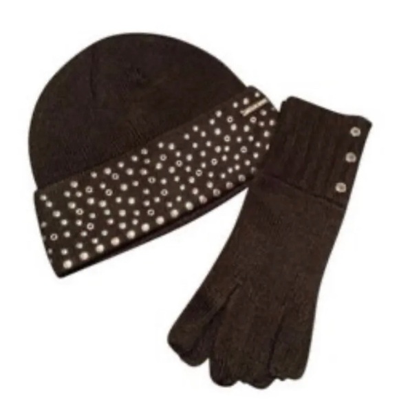 Michael Kors Accessories - New MK studded black beanie hat and fine knit gloves.